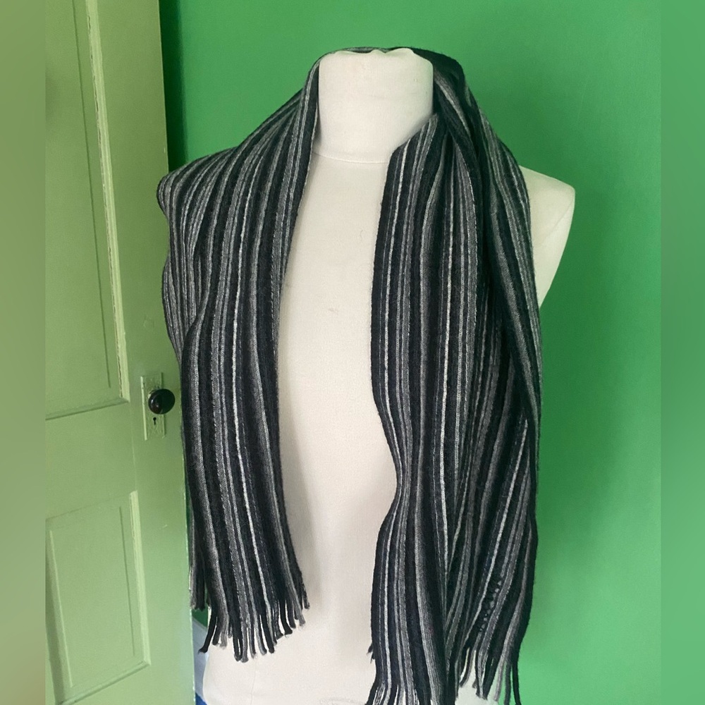 Hugo Boss wool Striped Black & Gray Fringe Scarf